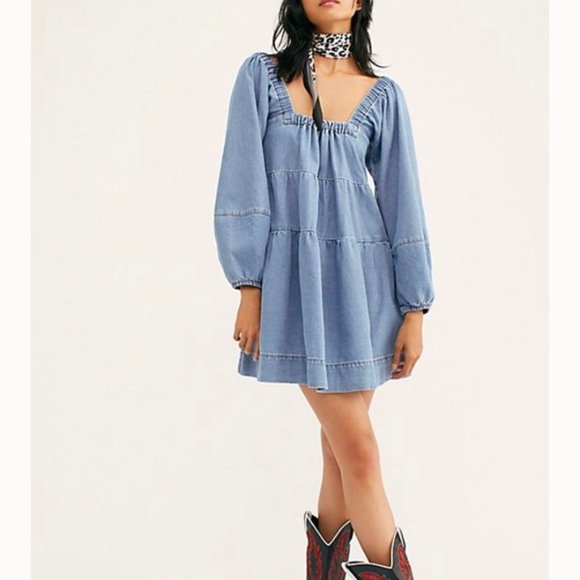 Free People Dresses & Skirts - FREE PEOPLE Lou Jean Babydoll Dress Mini Denim Women's Sz Medium 100% Cotton
